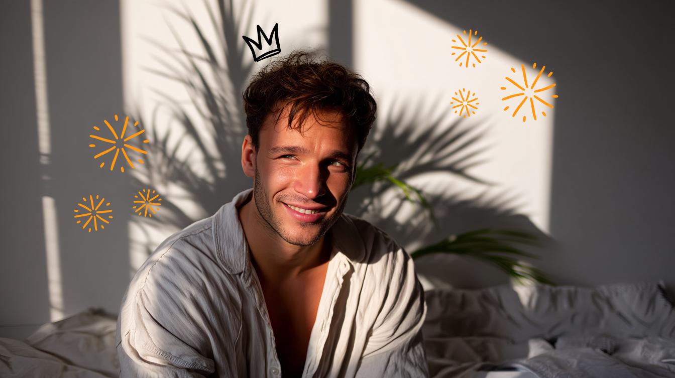 A young man with tousled brown hair and light skin smiling with sunlight creating shadows on his face. He is wearing a light-colored button-up shirt and sitting on a bed with a white bedsheet. There are decorative doodles of a crown and orange fireworks around him.