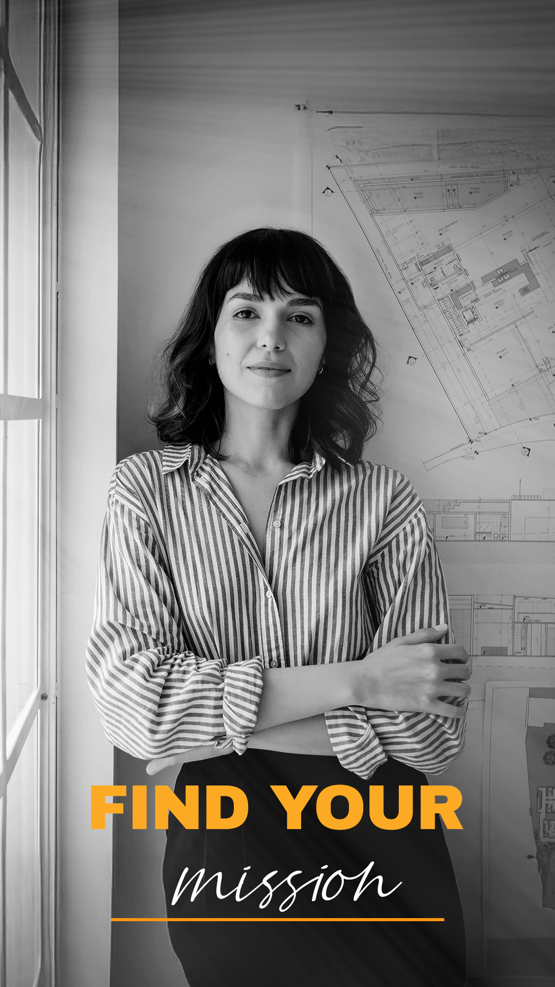 A woman with dark hair and a striped shirt standing near a window with architectural plans on the wall behind her. The image has the text 'Find Your Mission' overlaid, with a lightning bolt icon near her head. 