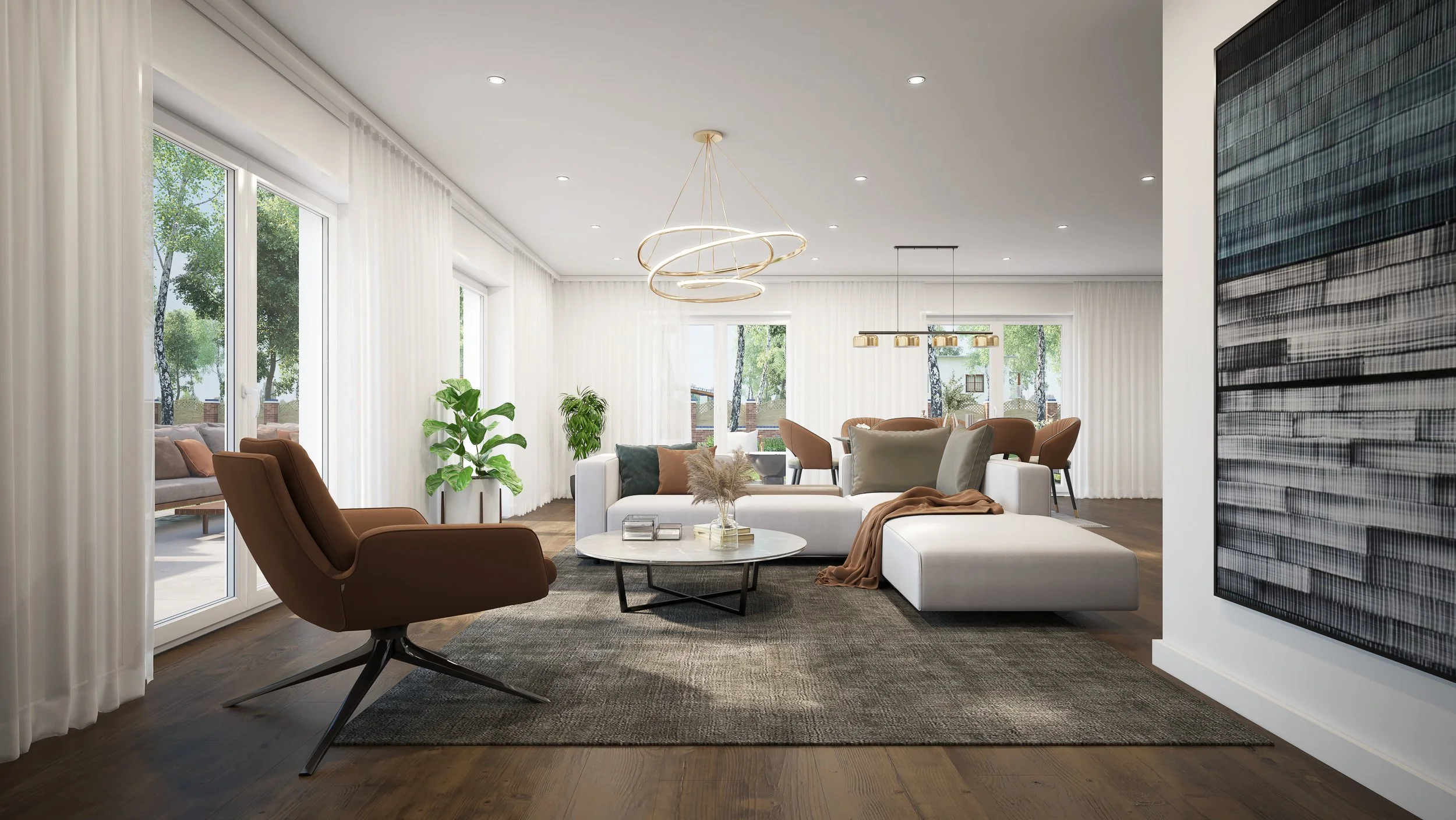 Fotorealistische Visualisierung von einem Wohnzimmer.