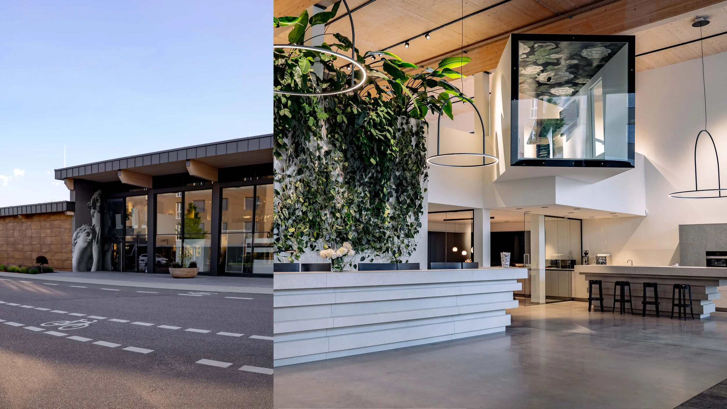 Ein modernes Gebäude mit großen Glasfenstern, Außenparkplatz und einer skulpturalen Wanddekoration, kombiniert mit einem elegant eingerichteten Innenraum mit viel natürlichem Licht, grünen Pflanzen und minimalistischer Einrichtung.