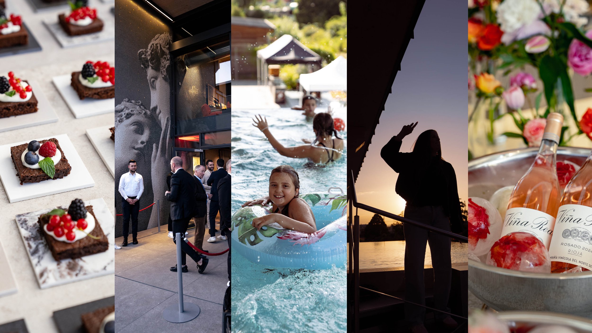 Verschiedene Aktivitäten, darunter das Backen von Schokoladentörtchen mit Beeren, ein Geschäftsabend im Restaurant, Kinder beim Schwimmen im Pool, eine Person beim Sonnenuntergang am Wasser, und eine Flasche Roséwein mit Himbeeren.