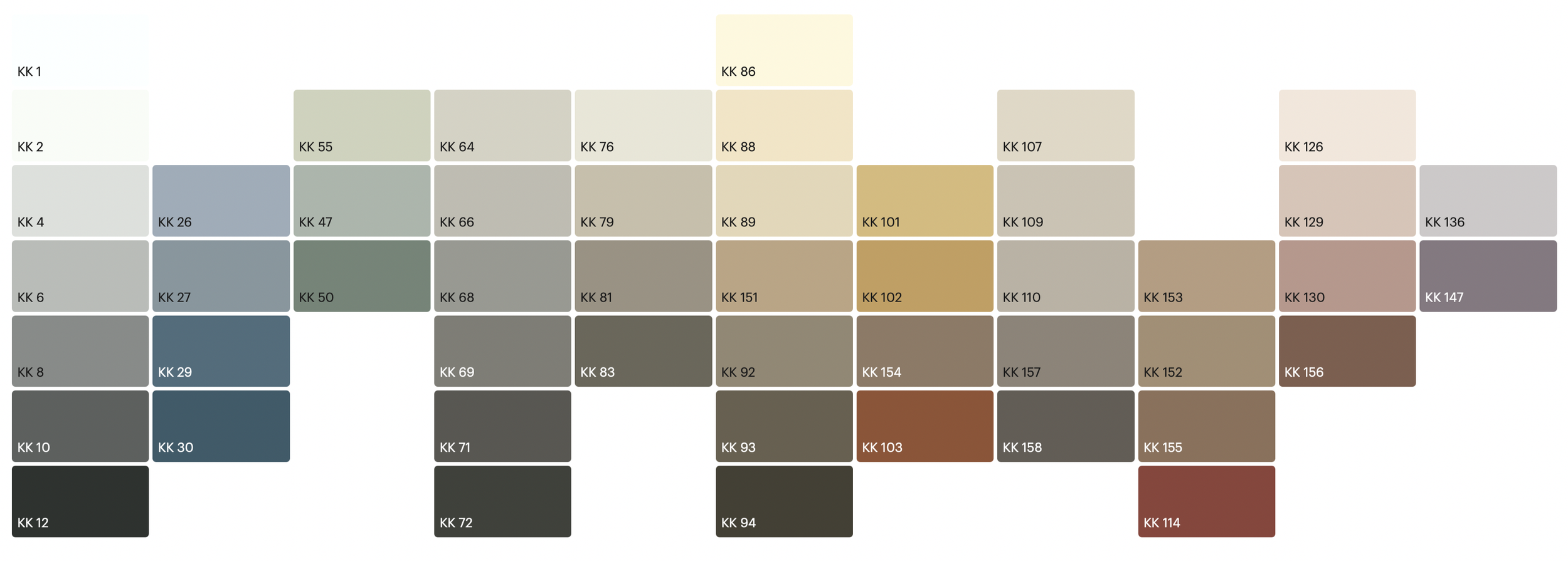 Farbfächer mit unterschiedlichen Farbtönen und Nummern, geordnet in Reihen.