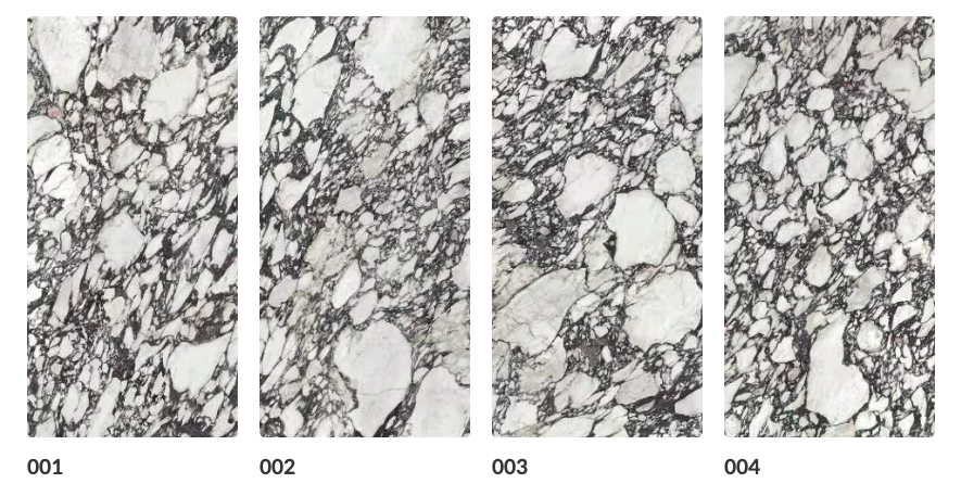 Vier verschiedene Marmorproben mit weißem Grund und schwarzen Adern, nummeriert von 001 bis 004.