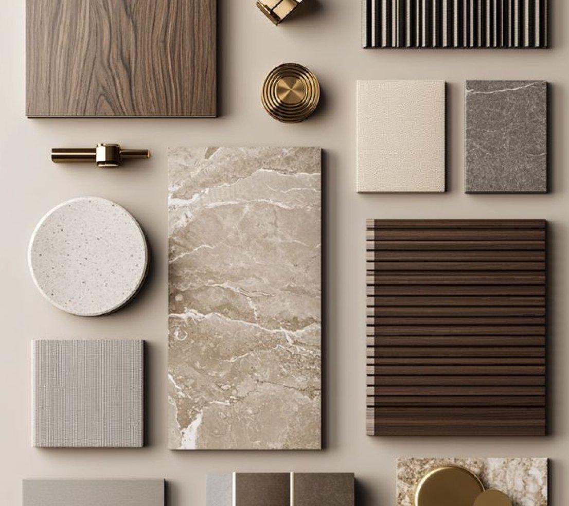 Verschiedene Materialproben und Dekorationsgegenstände, darunter Holz, Marmor, Keramik, Metall und Stoffmuster, auf einer beige Hintergrundfläche.