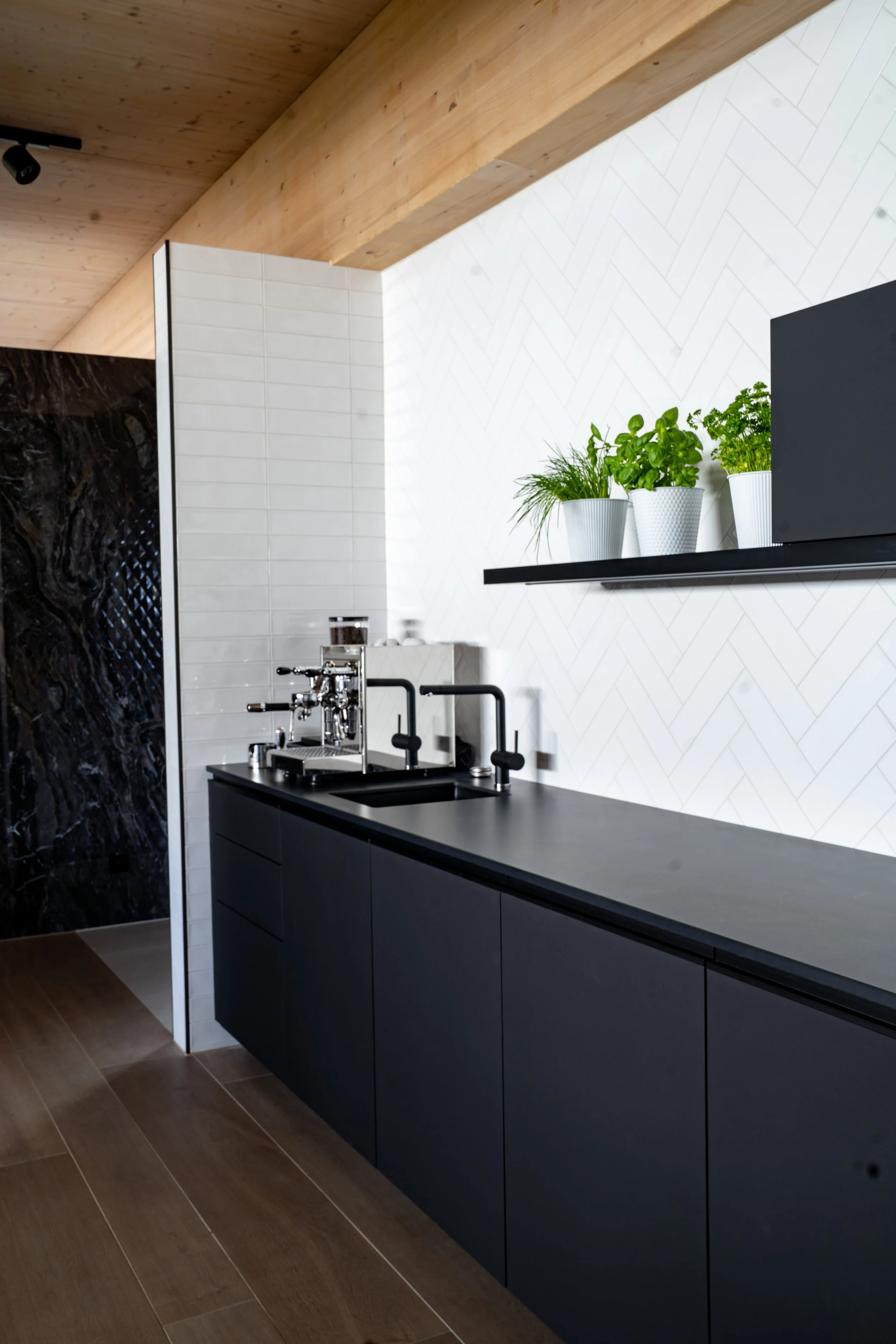 Moderne Küche mit schwarzen Schränken, weißen Fliesen und grünem Pflanzen auf einer schwarzen Wandregal.