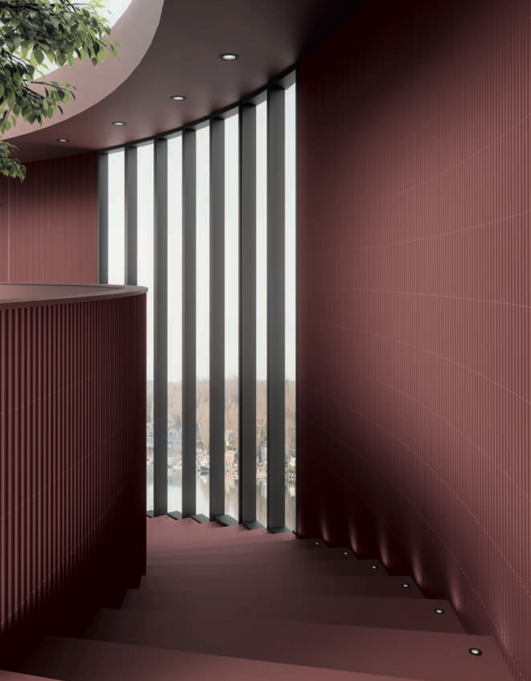 Innenansicht eines modernen Gebäudes mit roten Wänden und großen Fensterbalkonen, natürliche Beleuchtung, urbider Ausblick