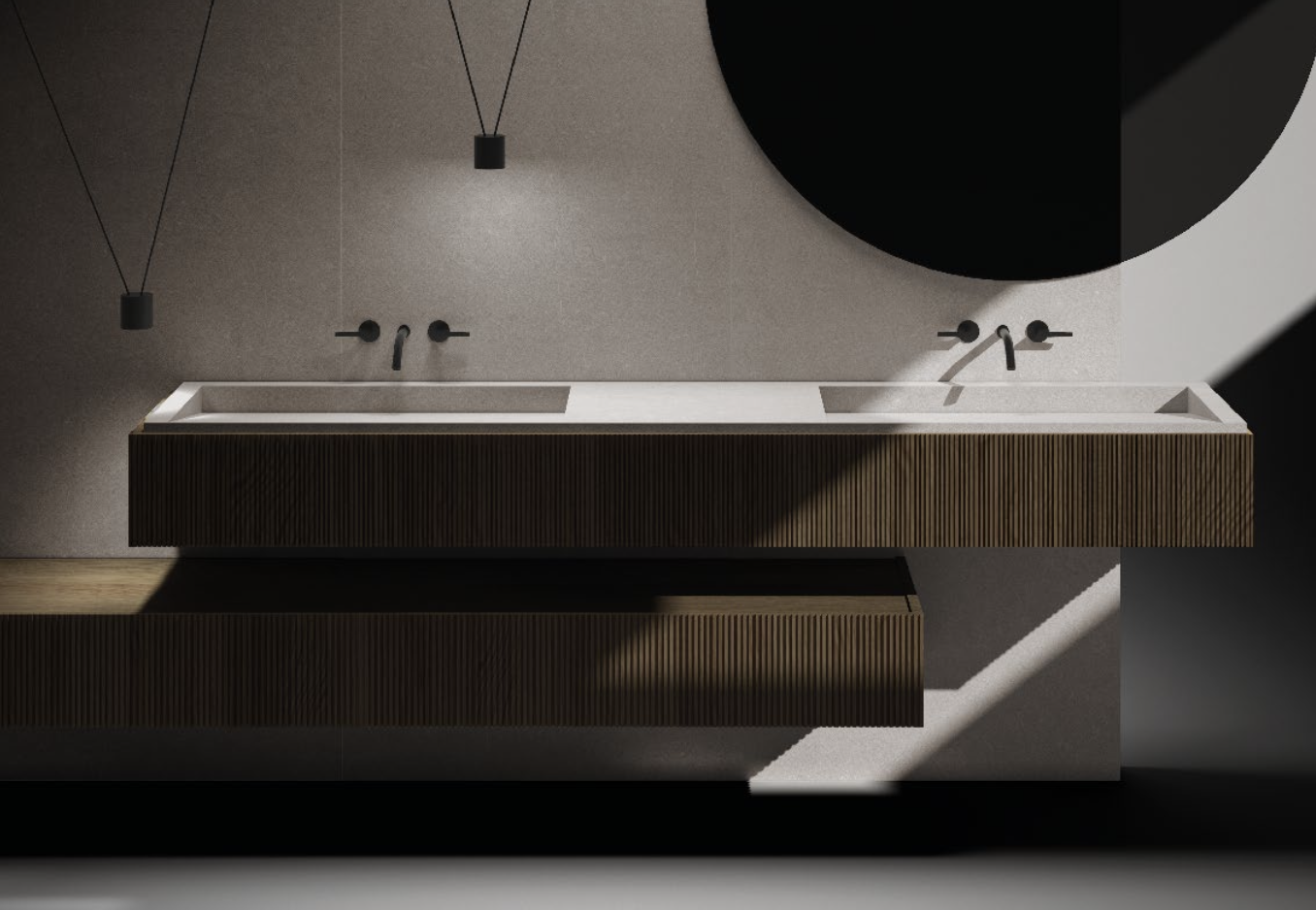 Moderne doppelte weiße Waschtisch mit dunklem Holzunterschrank und schwarzem Spiegel, Beleuchtung und Wandarmaturen, minimalistisches Badezimmer Design