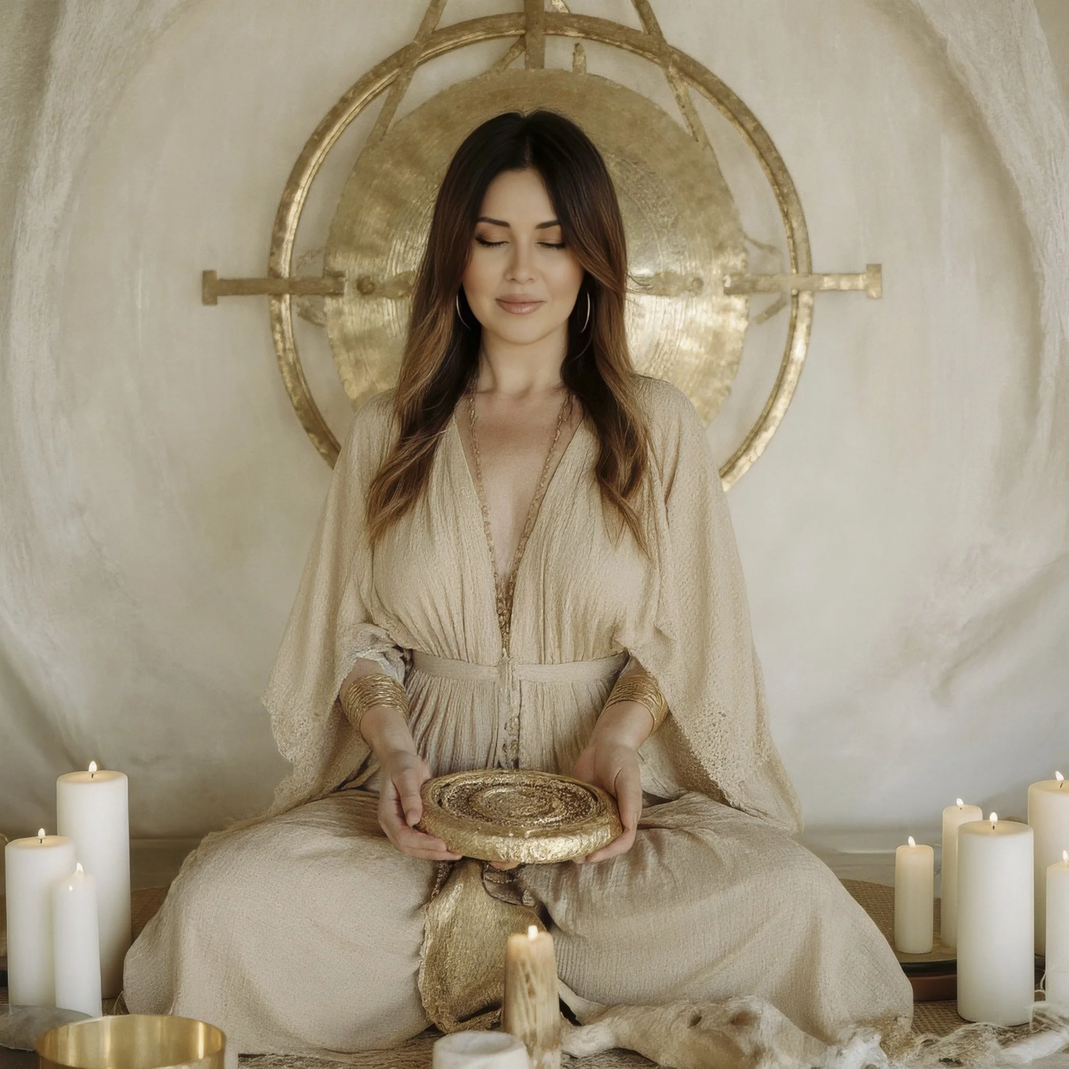 A woman sitting cross-legged, eyes closed, holding a round, gold-colored object in her hands. She is surrounded by white candles and a gold wall decoration behind her. The setting has a neutral, cozy, and spiritual ambiance.