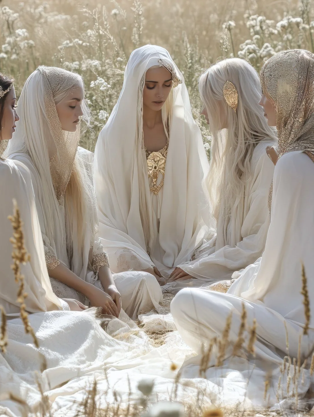 Group of women dressed in white with gold accents, sitting in a field of tall grass or wildflowers, with some women wearing veils or head coverings and the central woman with a hood. They appear to be in a serene, contemplative moment.