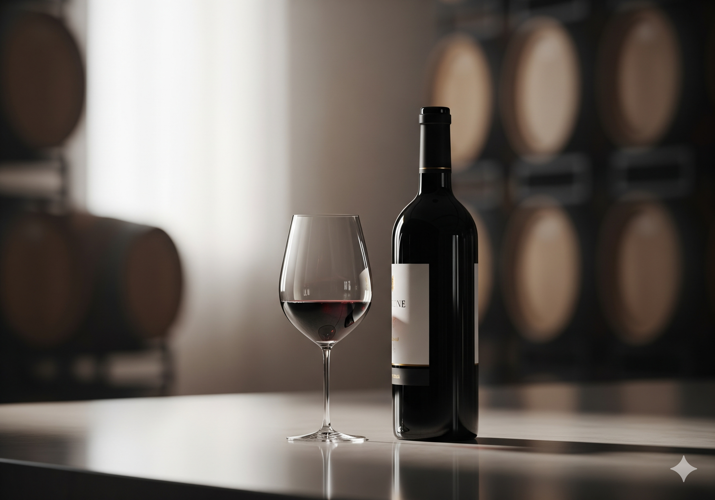 Bouteille de vin rouge et verre à vin avec du vin rouge dans un décor de cave à vin avec des fûts en bois en arrière-plan.