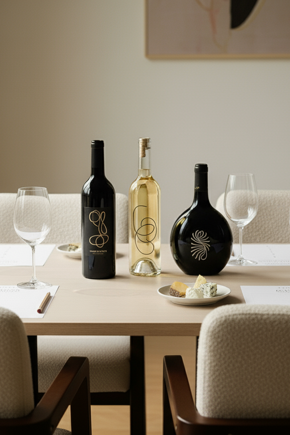 Une table avec trois bouteilles de vin (rouge, blanc, rosé), deux verres à vin vides, des plateaux avec du fromage, et des papiers avec des stylos.