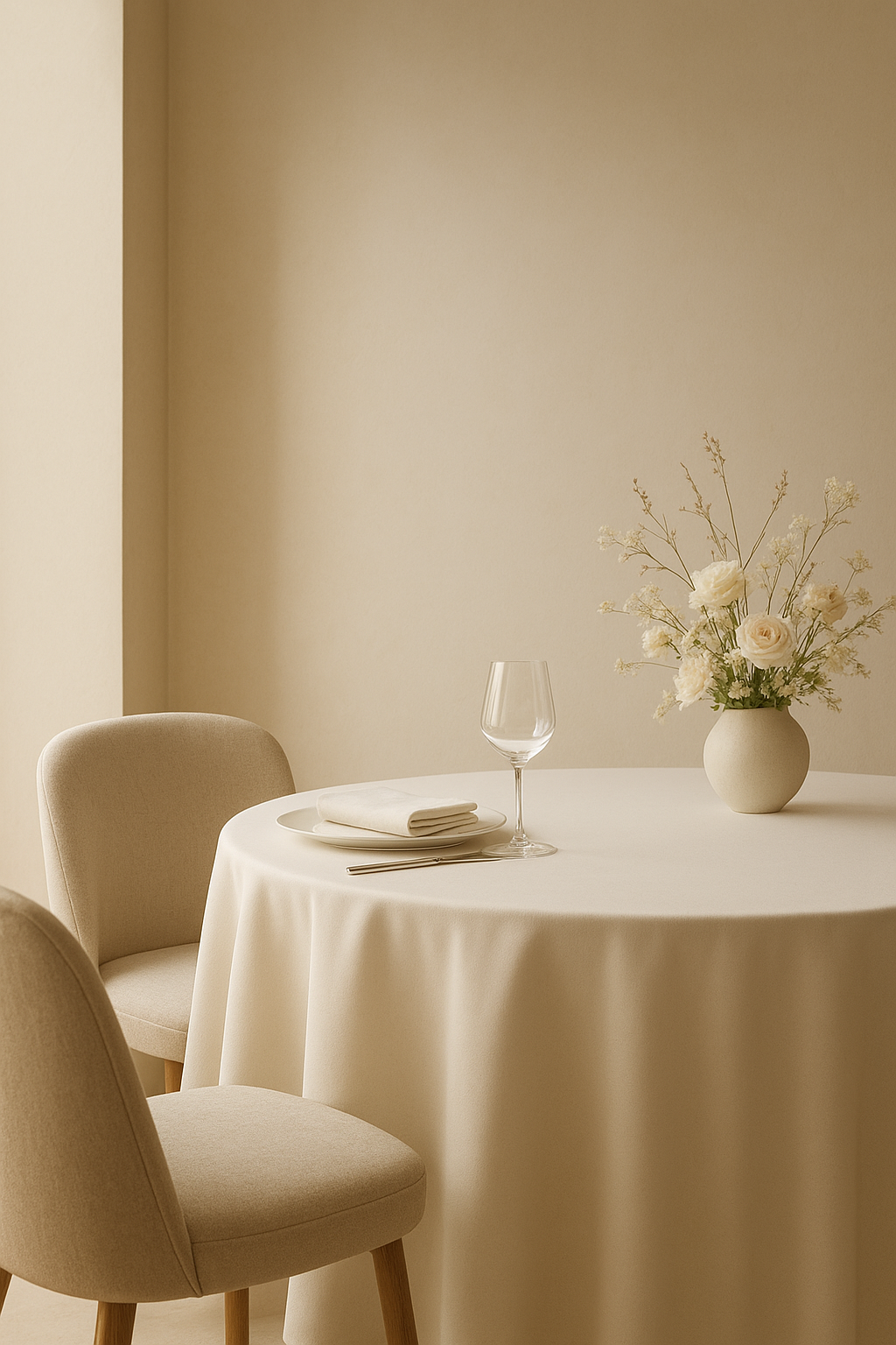 Une table élégante avec une nappe blanche, une assiette, un verre à vin vide, des couverts et un napperon blanc, décorée d'un bouquet de fleurs blanches dans un vase minimaliste.