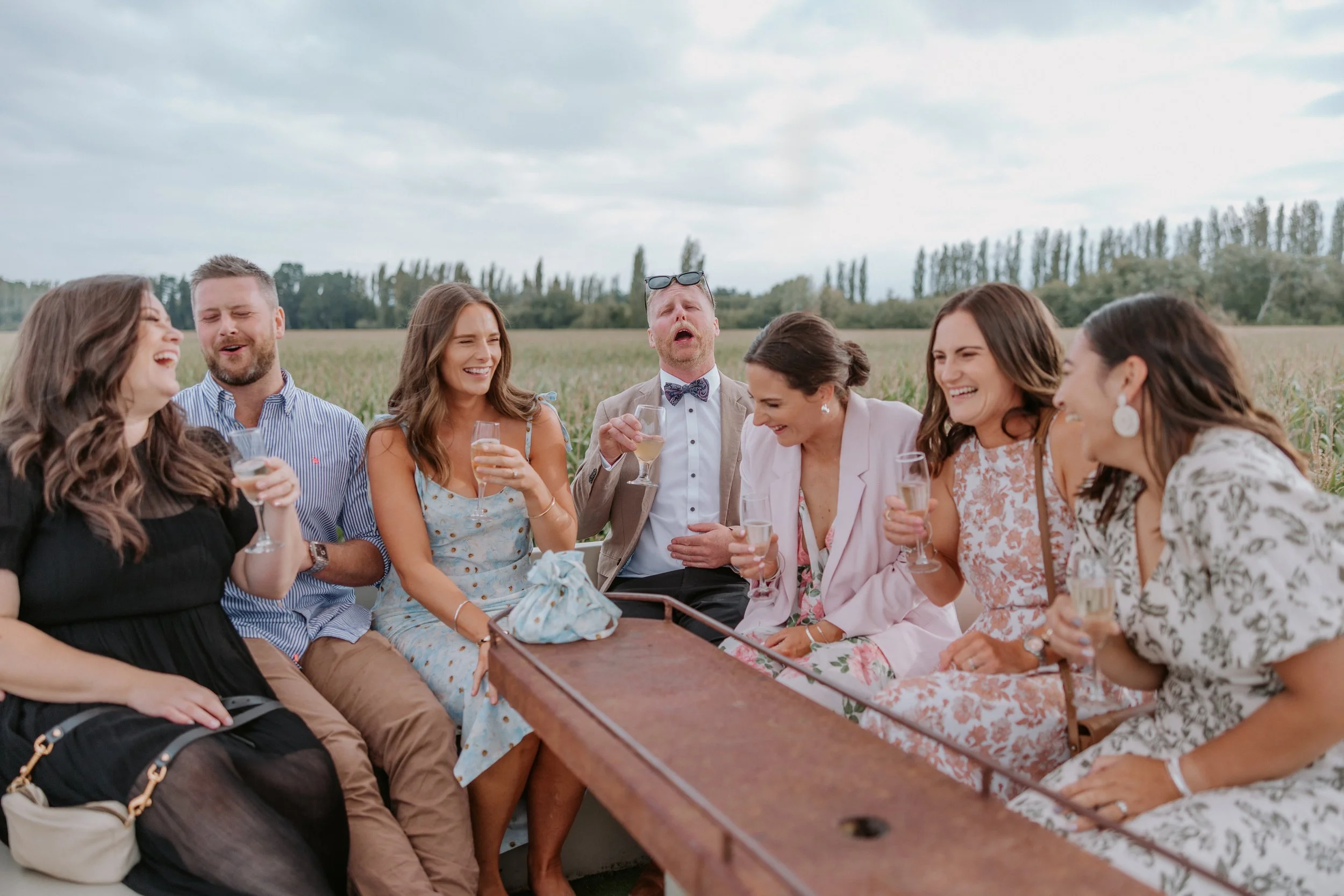 wedding guests laughing