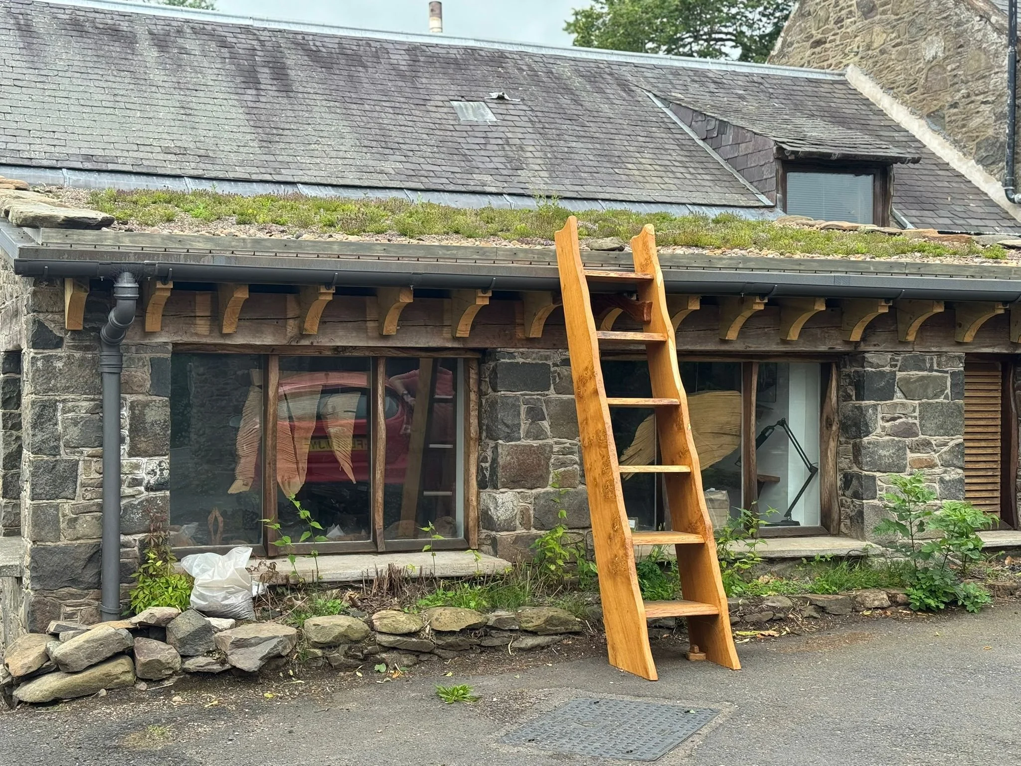 A rustic stone house with a ladder leaning against the wall, situated in front of a window, and a roof with patches of grass and moss.