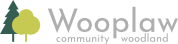 Wooplawn Community Woodland logo with green and black text and a leaf icon