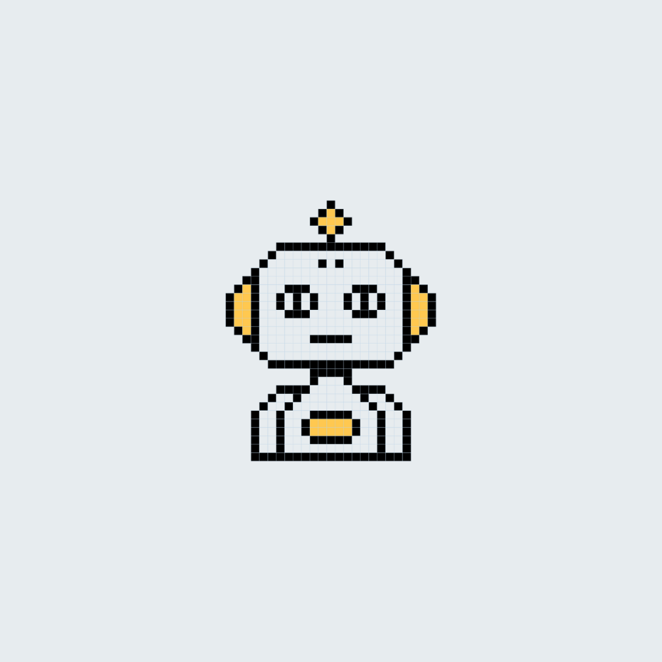 Ein pixeliger Roboter mit einem weißen Körper, schwarzen Augen und gelben Akzenten auf den Ohren und am Körper, auf hellem grauem Hintergrund.