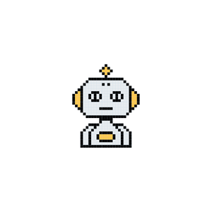 Ein Pixel-Art-Roboter mit gelben Ohren und einem goldenen Anzug, vor einem schwarzen Hintergrund.