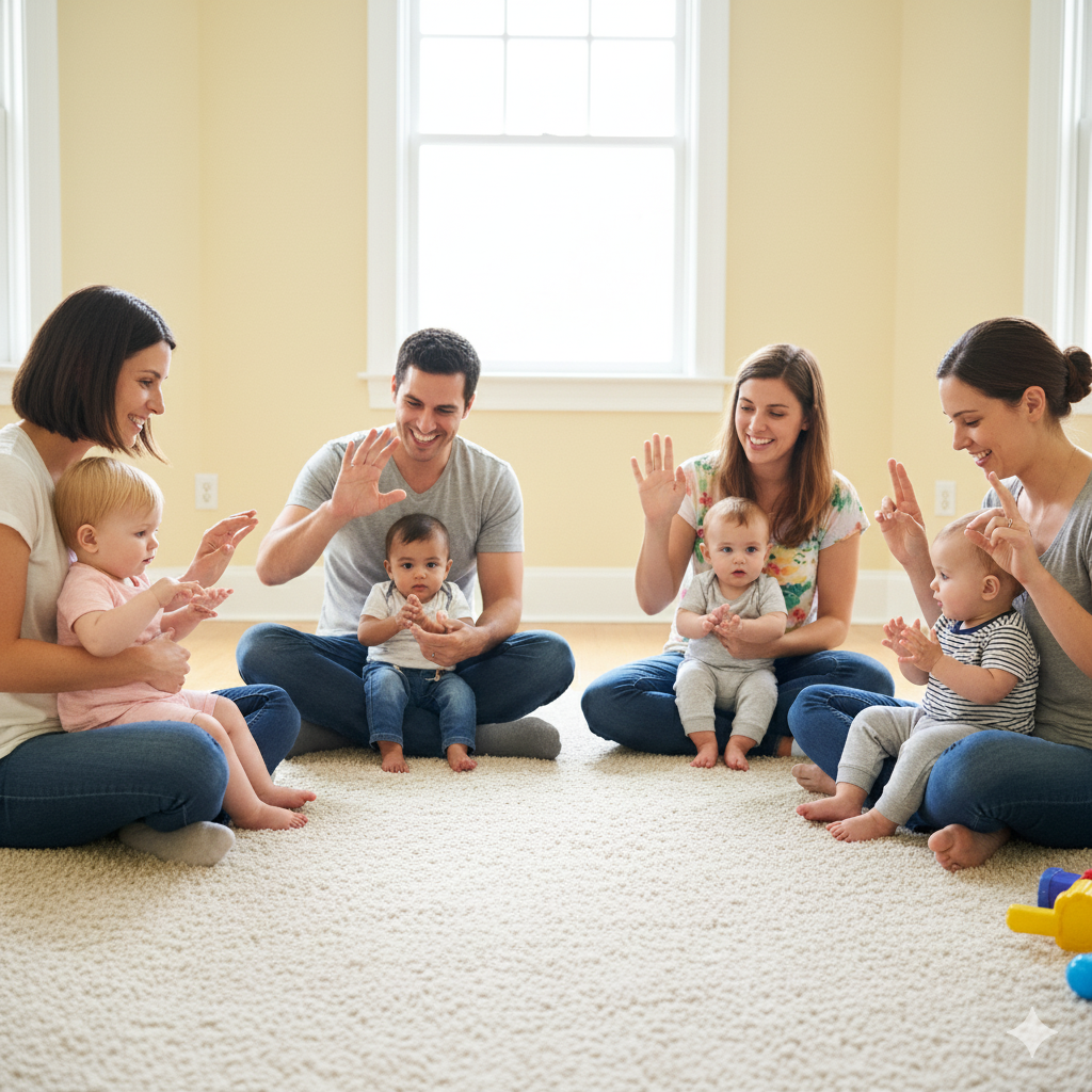 Groupe de six adultes et quatre bébés assis sur un tapis, jouant et souriant lors d'une activité en intérieur avec une grande fenêtre en arrière-plan.