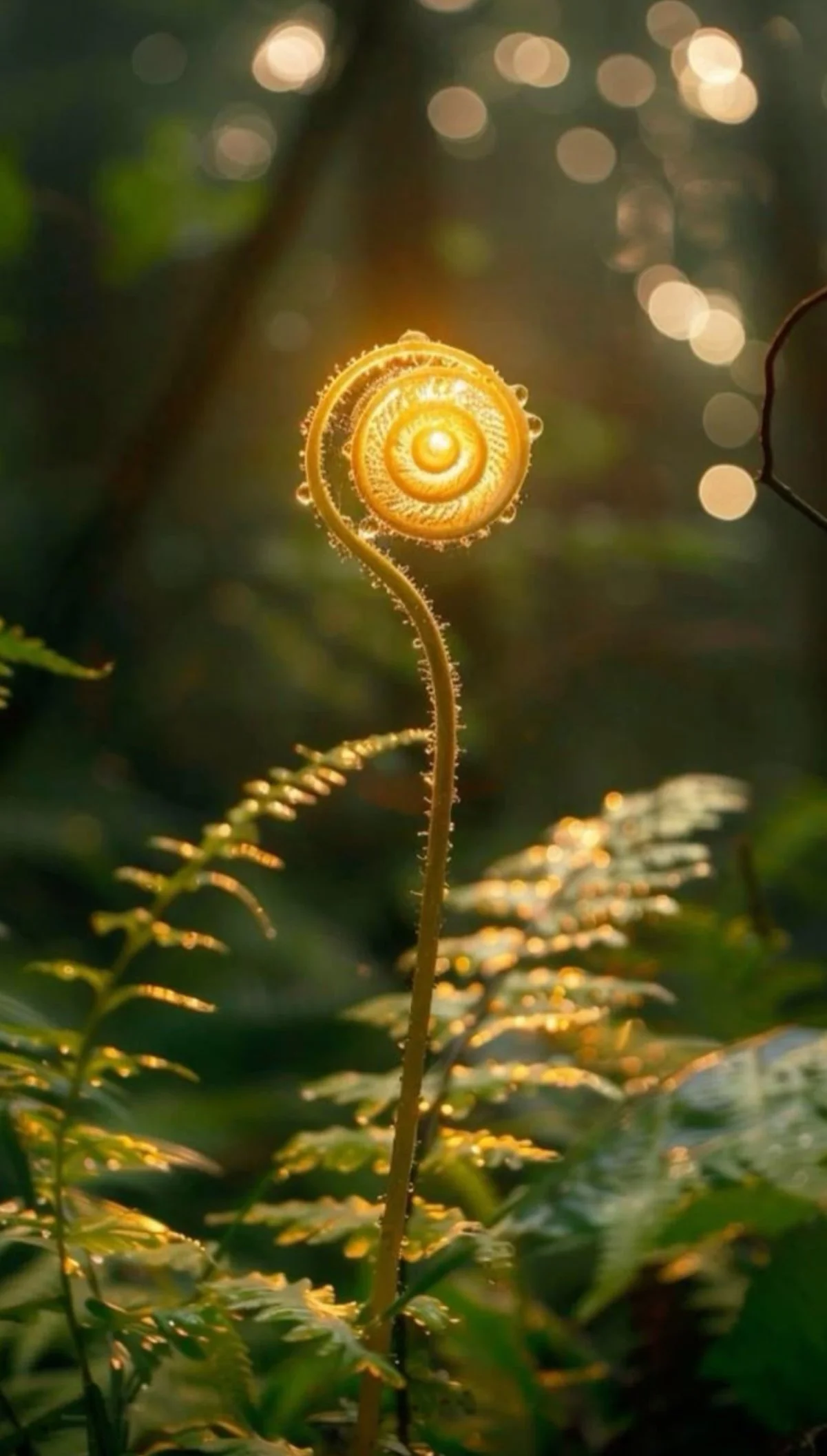 A close-up photo of a young fern frond, possibly unfurling, with sunlight filtering through the background, creating a bokeh effect.