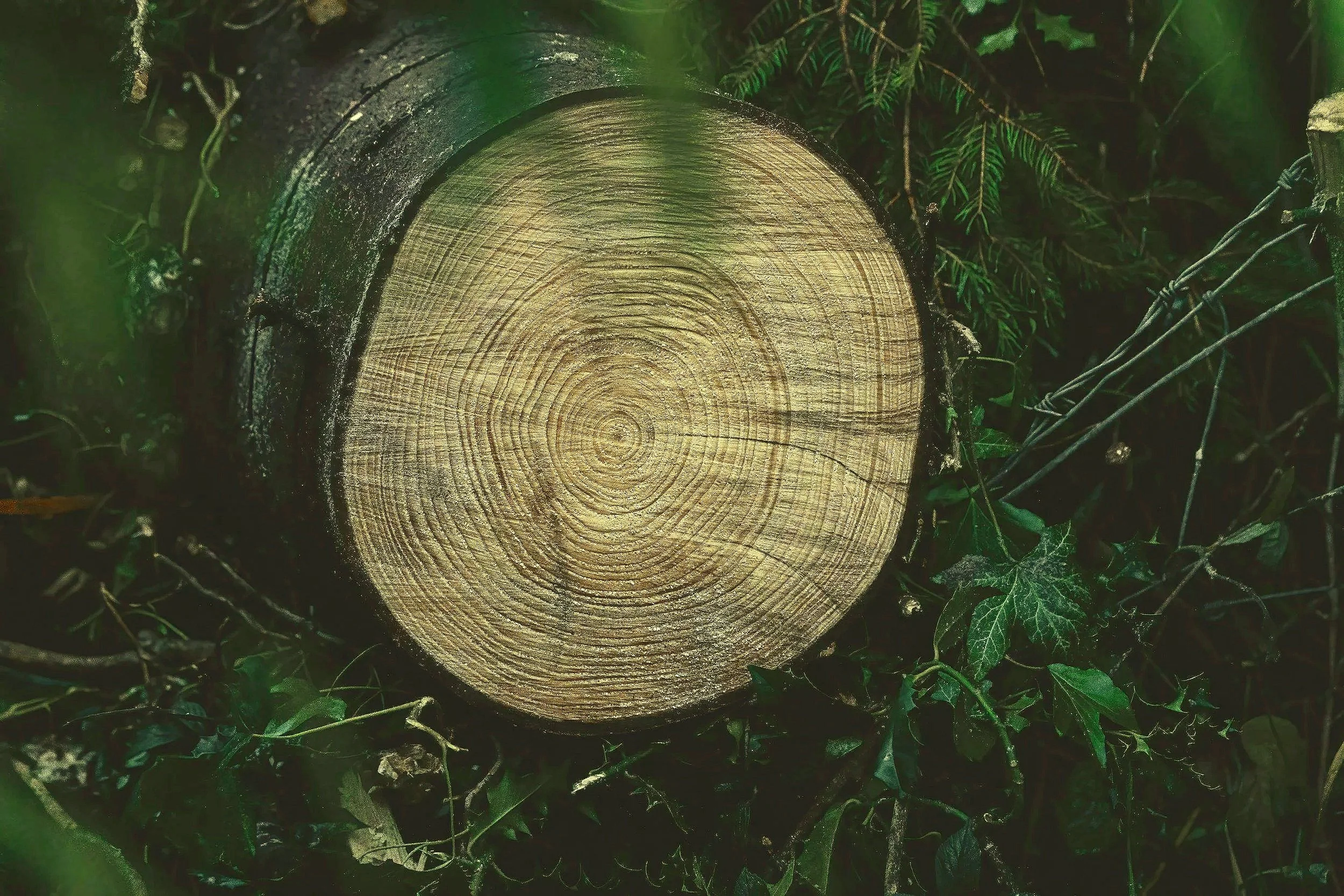 Tree trunk cross-section surrounded by green ivy and foliage.