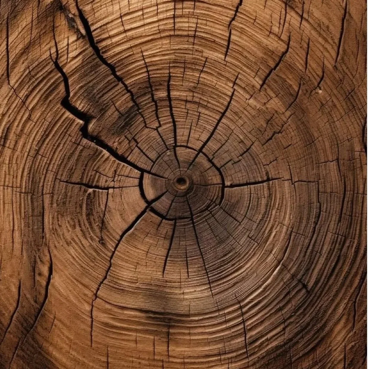 Close-up of a cross-section of a tree trunk showing growth rings and cracks.