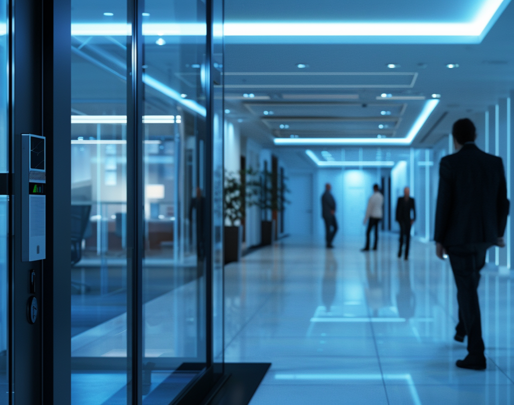 Sleek, modern kantoor lobby met mensen die wachten en een glazen deur aan de linkerzijde onder heldere blauwe neon-verlichting.