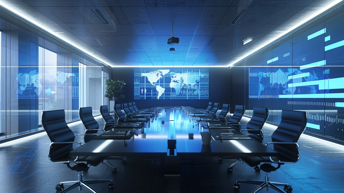 Een futuristische vergaderzaal met een lange tafel, zwarte bureaustoelen, grote digitale schermen met wereldkaarten en grafieken, en grote ramen met uitzicht op een stad.