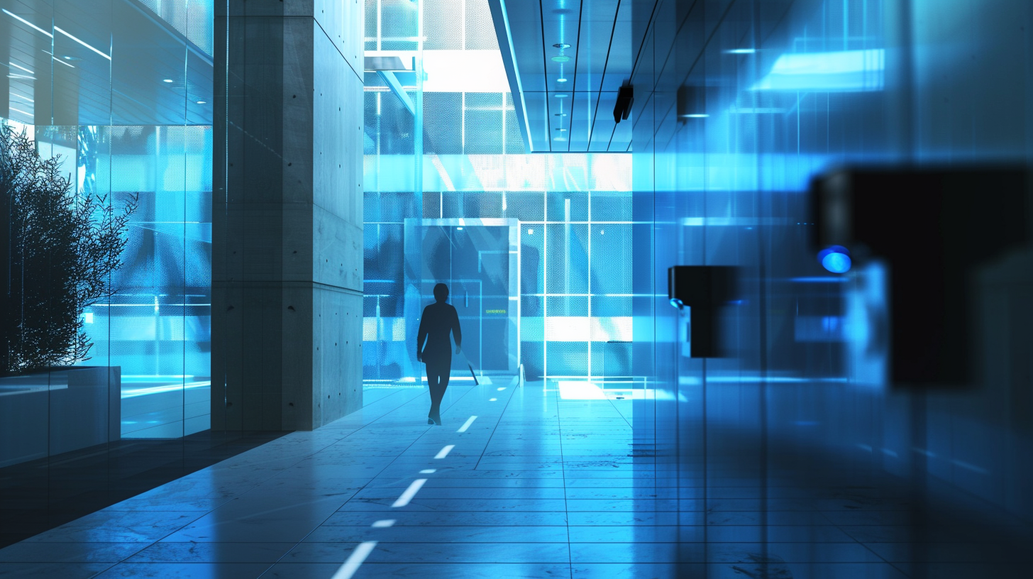 Een persoon loopt door een moderne, glazen kantoorruimte met blauwe verlichting en strakke lijnen.