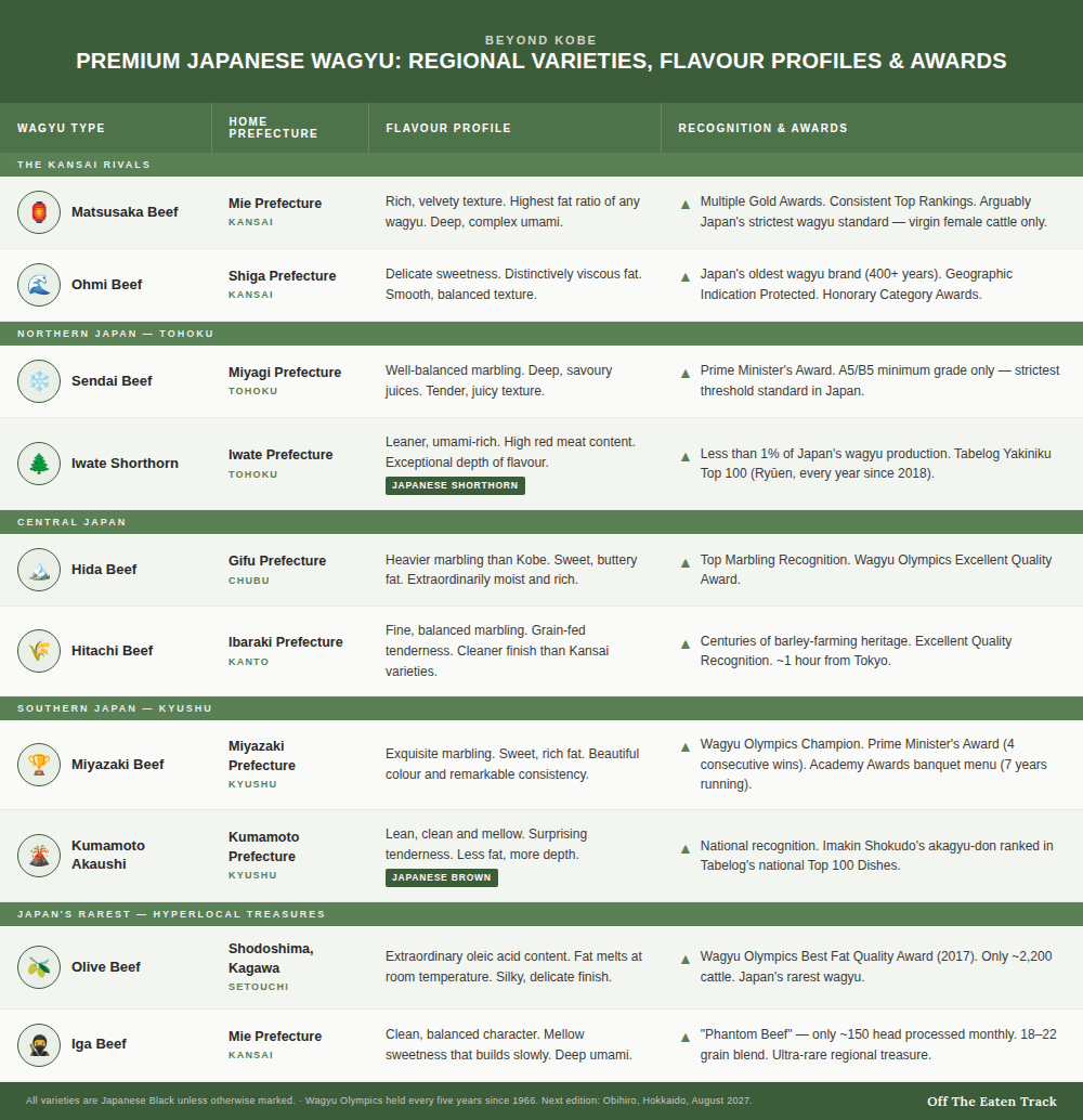Beyond Kobe: premium Japanese wagyu regional varieties, flavour profiles and awards — Off The Eaten Track comparison chart