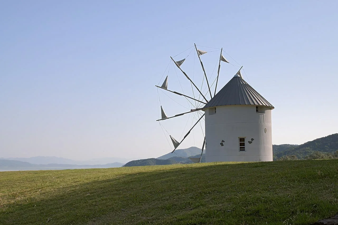 Greek-style windmill at Olive Park on Shodoshima Island, Kagawa Prefecture — home of Japan's rarest wagyu, Olive Beef