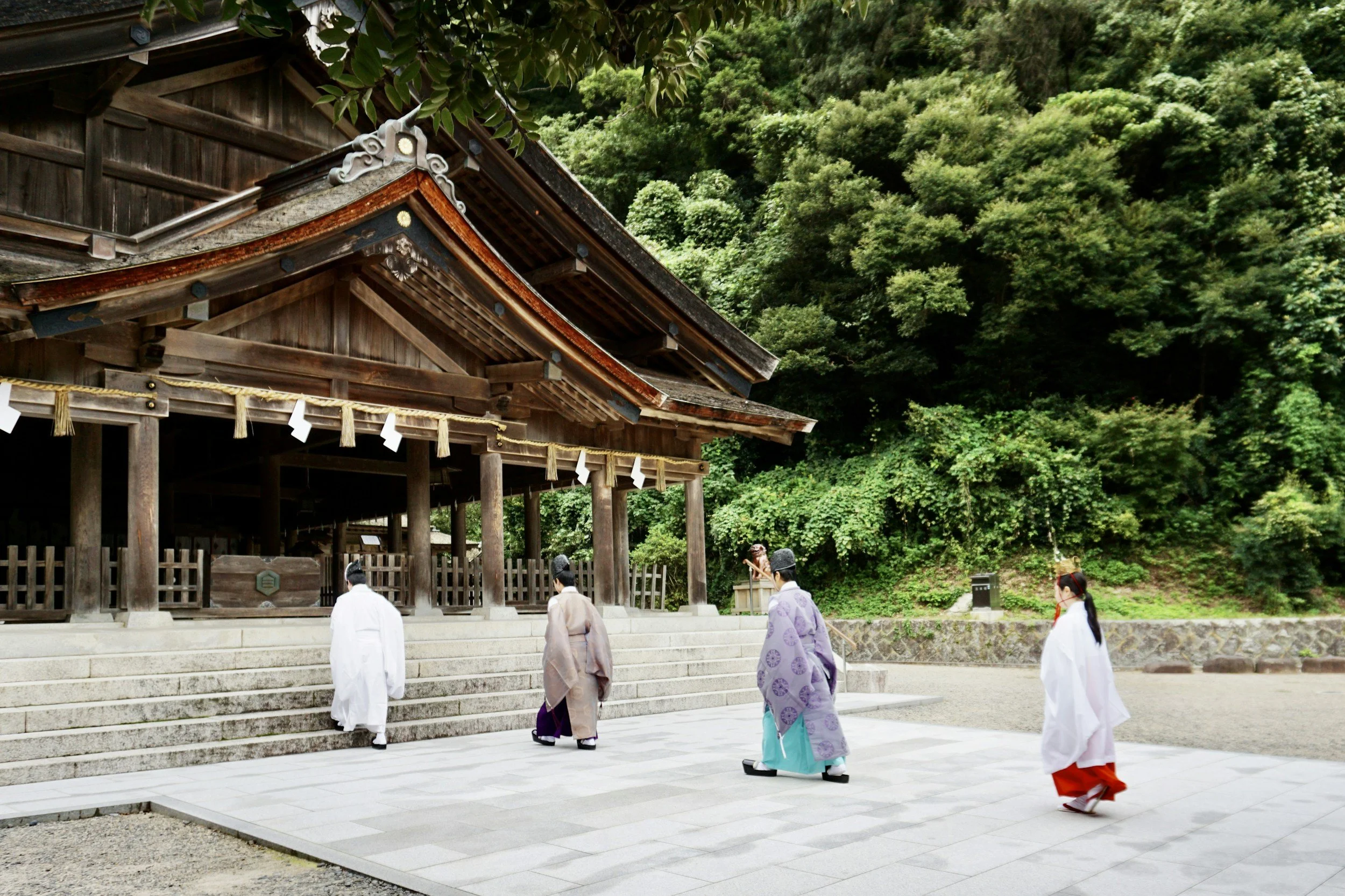 People dressed in traditional Japanese attire walking towards a shrine with lush greenery in the background.
