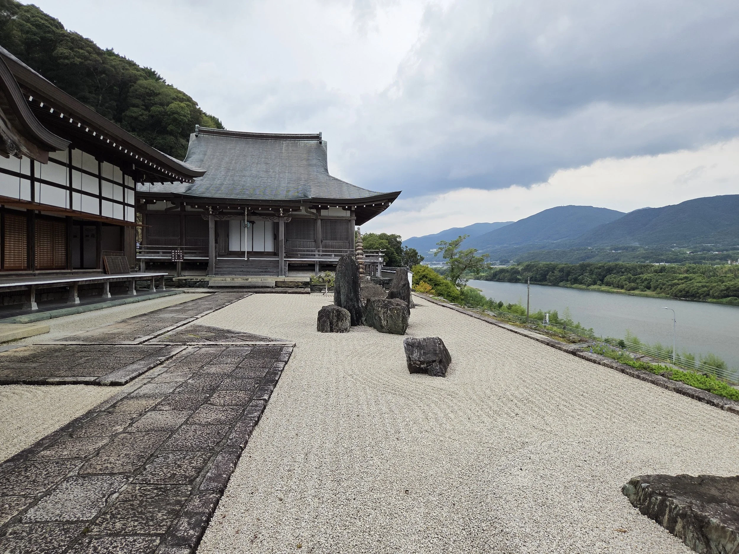 Honrakuji Temple's Zen rock garden overlooking the Yoshino River, Mima Tokushima