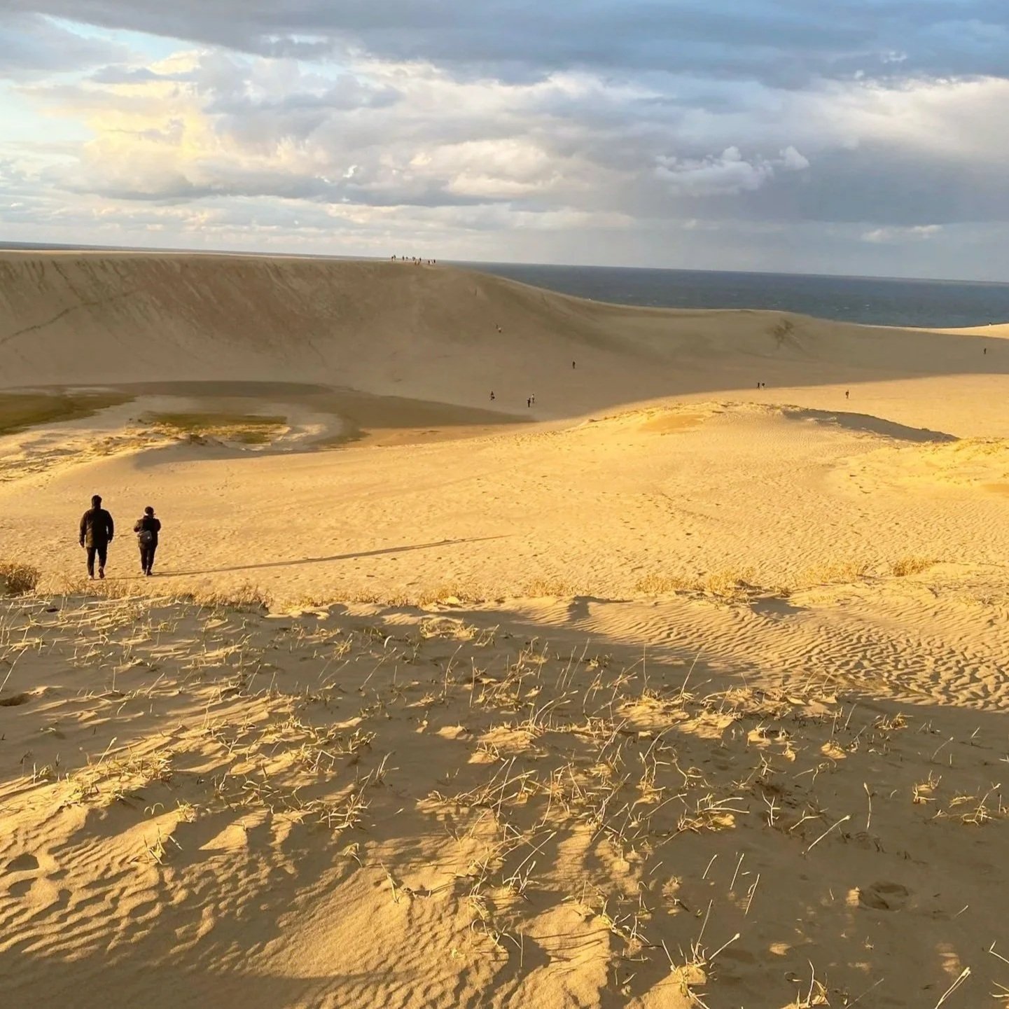 Two people walking through the Tottori sand dunes in Japan