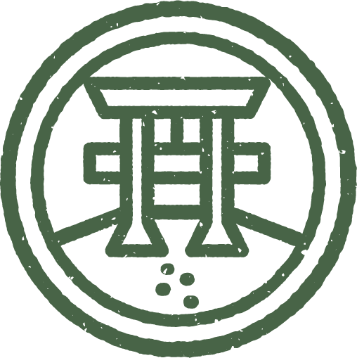 A circular logo with a stylized illustration of a torii with footsteps leading up to it