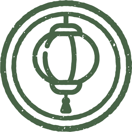 Line art illustration of a Chinese lantern enclosed within concentric circles.