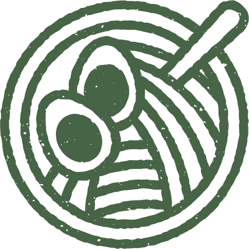 Line drawing of a bowl of ramen with two eggs and chopsticks.