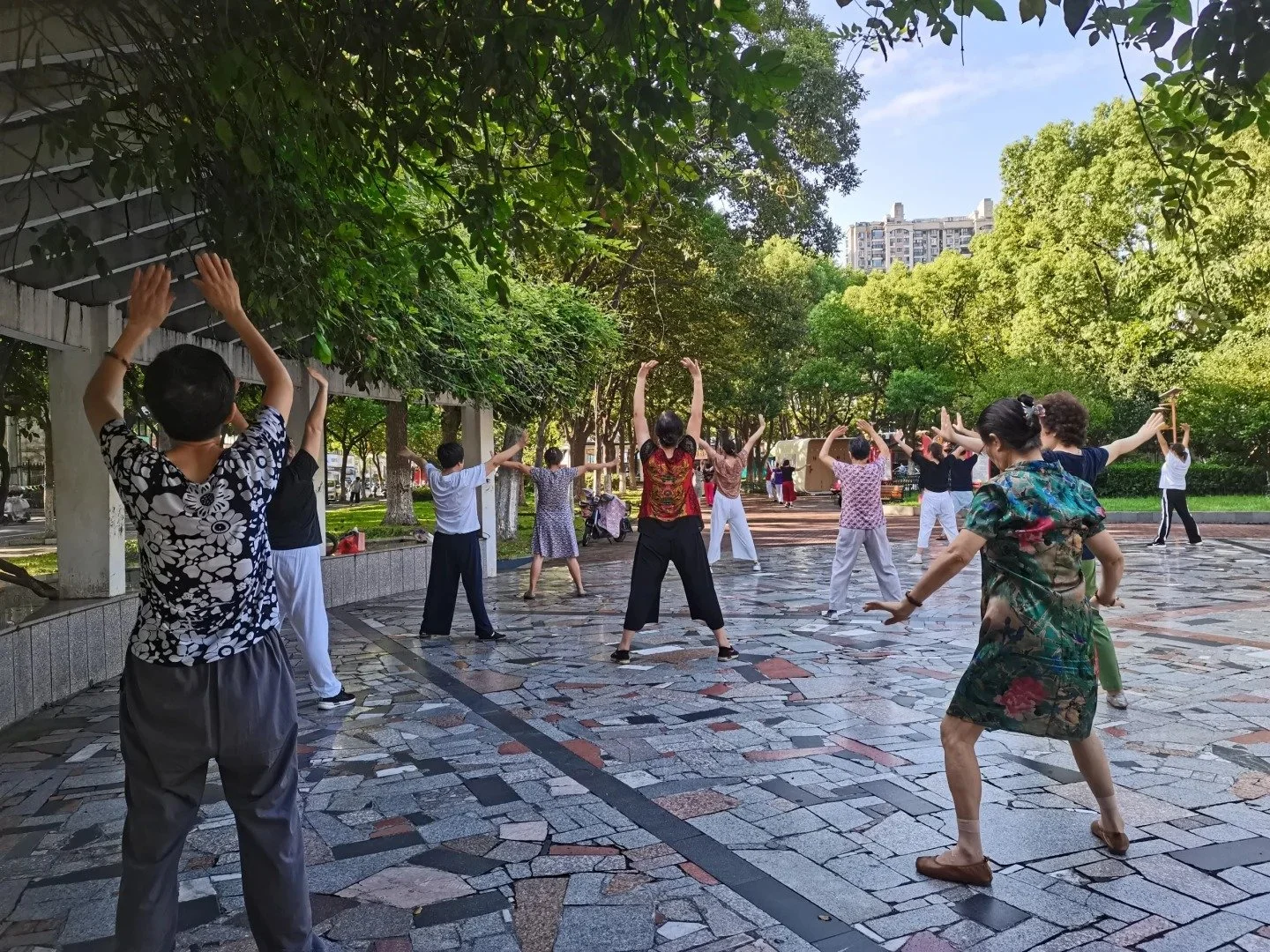 A group of older ladies stretching and exercising in the park in Shanghai