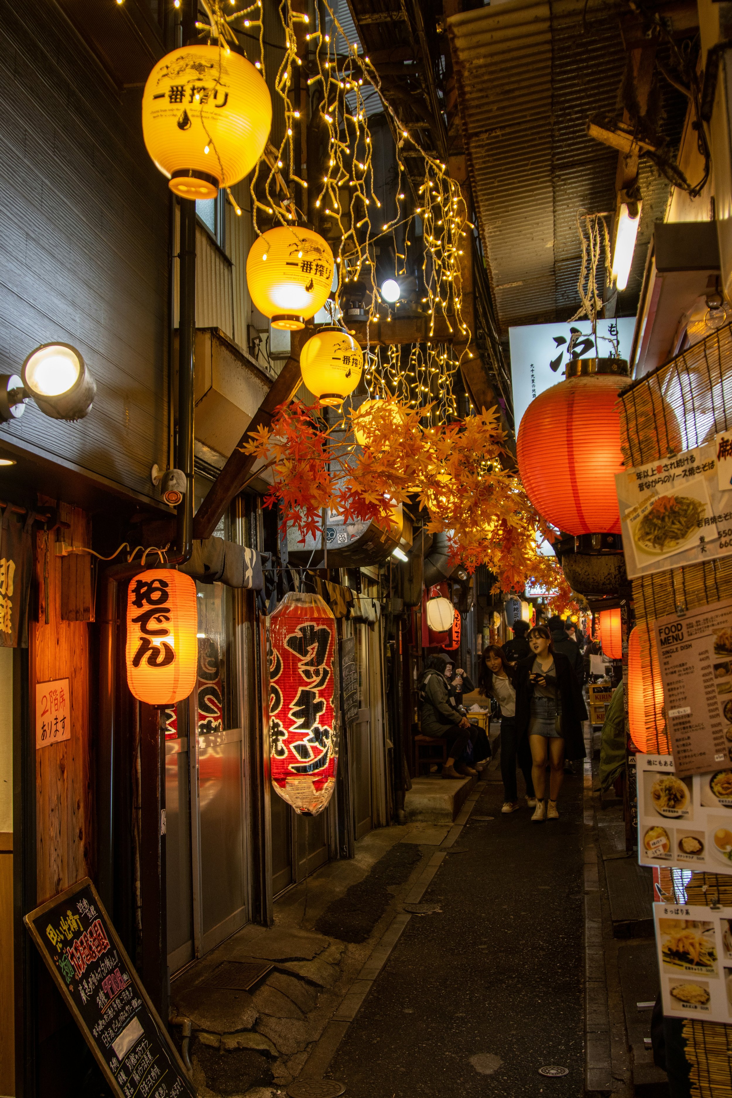 People walking down an alleyway in Kanda, Tokyo, packing with bars and izakaya, and hung with decorative lanterns