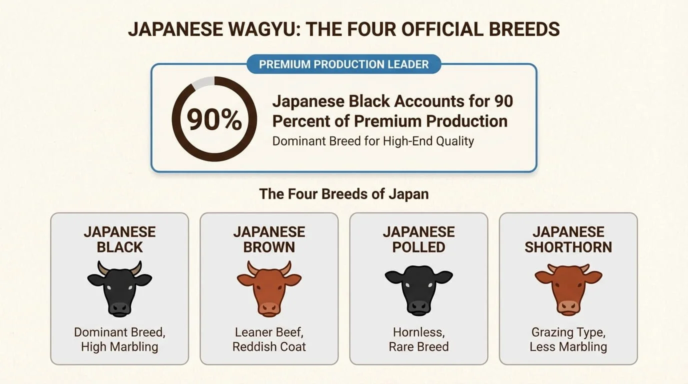 The four official Japanese wagyu breeds: Japanese Black, Japanese Brown, Japanese Polled and Japanese Shorthorn — infographic
