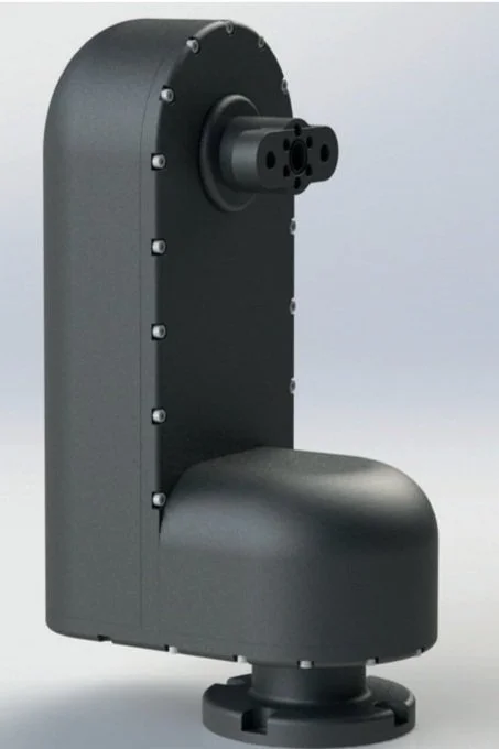 A black industrial robotic arm or component with a rounded base and a cylindrical attachment at the top.