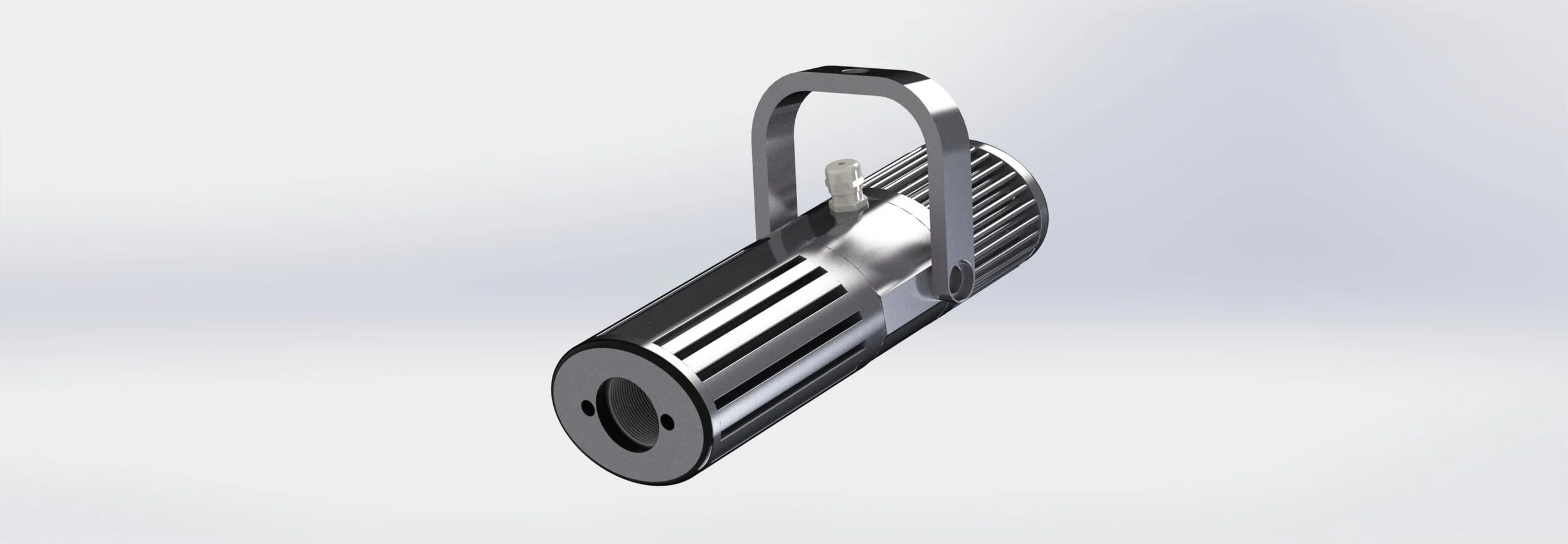 A metallic cylindrical device with a handle and a small connector, featuring fins or grooves along its surface, set against a plain background.