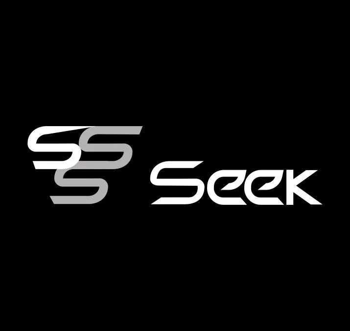 Black background with the word "Seek" written in white stylized font. Three overlapping gray S shapes to the left of the word.