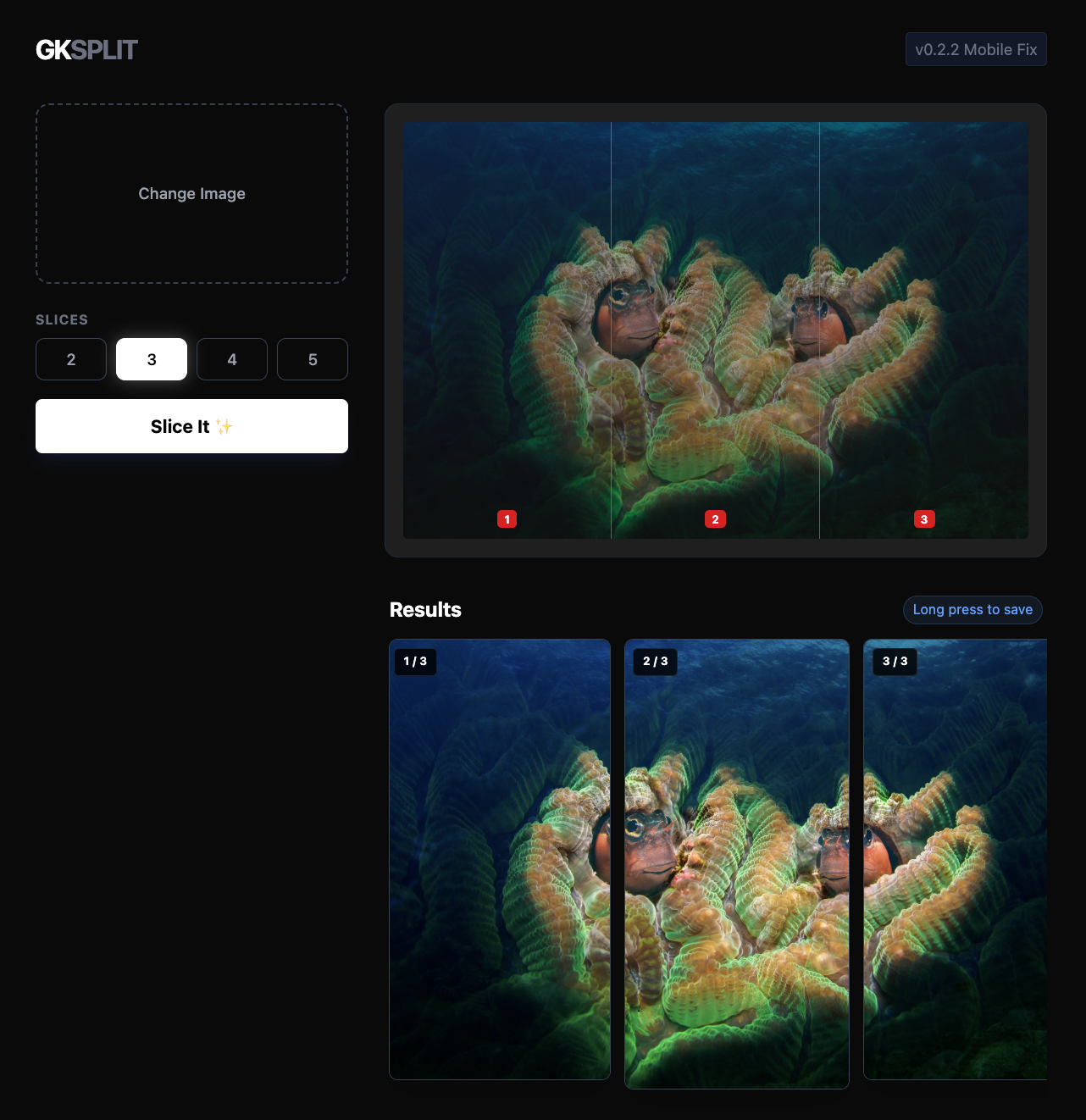 Digital screenshot of an online image editing tool showcasing a vibrant underwater scene of two clownfish swimming near a bright green and orange sea anemone, with image slices and processing results.
