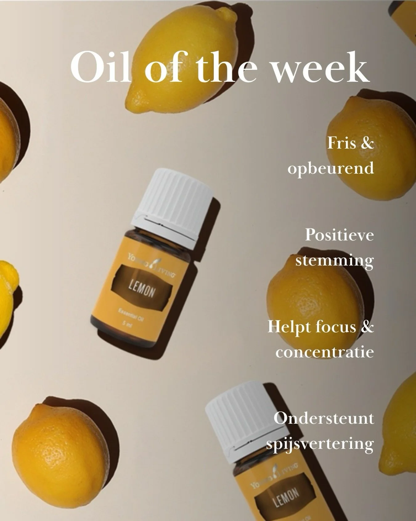 🌿 Oil of the week: Lemon
Deze week staat Lemon olie in de spotlight: fris, zuiver en veelzijdig. Lemon olie van Young Living is voor mij een echte alleskunner, die niet alleen een vrolijke, frisse geur geeft, maar ook je focus, stemming en energie k