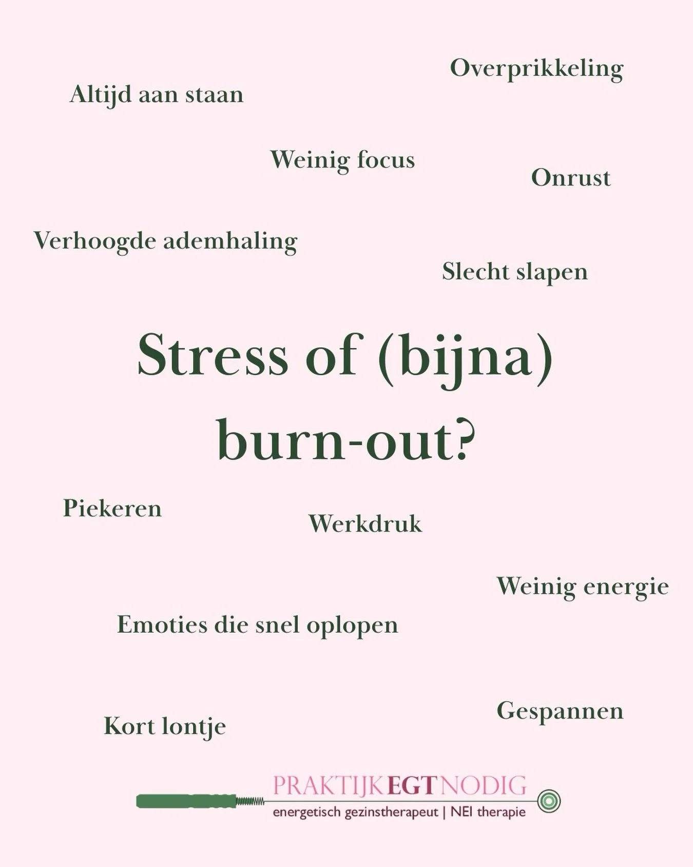 Stress of (bijna) burn-out?
Altijd &lsquo;aan&rsquo; staan, slecht slapen, weinig focus en emoties die sneller oplopen&hellip; 😞
Veel mensen herkennen dit maar gaan t&oacute;ch te lang door.
Tot het niet meer gaat.

NEI therapie brengt beweging waar