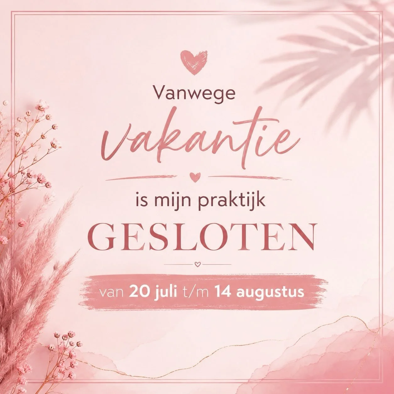 Vakantie! 

Van maandag 20 juli t/m vrijdag 14 augustus is mijn praktijk gesloten. Tijd om even op te laden, te genieten van de zomer en met nieuwe energie terug te komen. 

Vanaf maandag 17 augustus ben je weer van harte welkom voor een NEI sessie. 