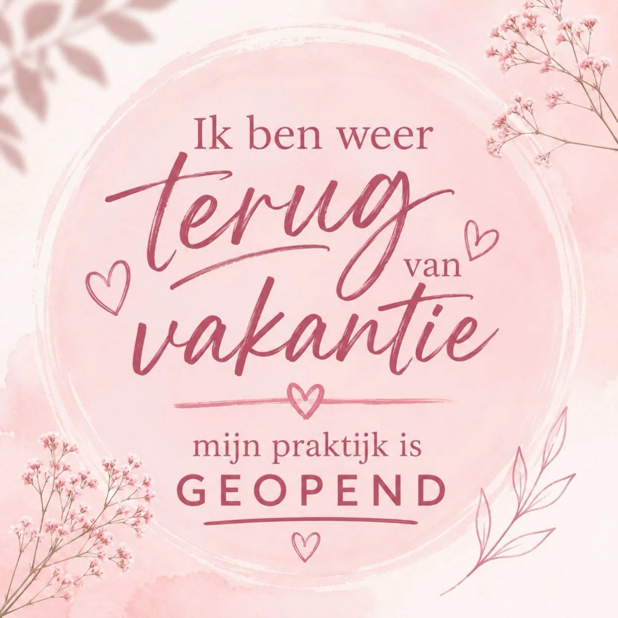 Ik ben weer terug van vakantie!

Na een heerlijke tijd van even opladen, genieten en nieuwe energie opdoen, ben ik weer helemaal klaar om aan de slag te gaan. 

Mijn praktijk &ldquo;Praktijk EGT nodig&rdquo; is vanaf maandag 17 augustus weer geopend!