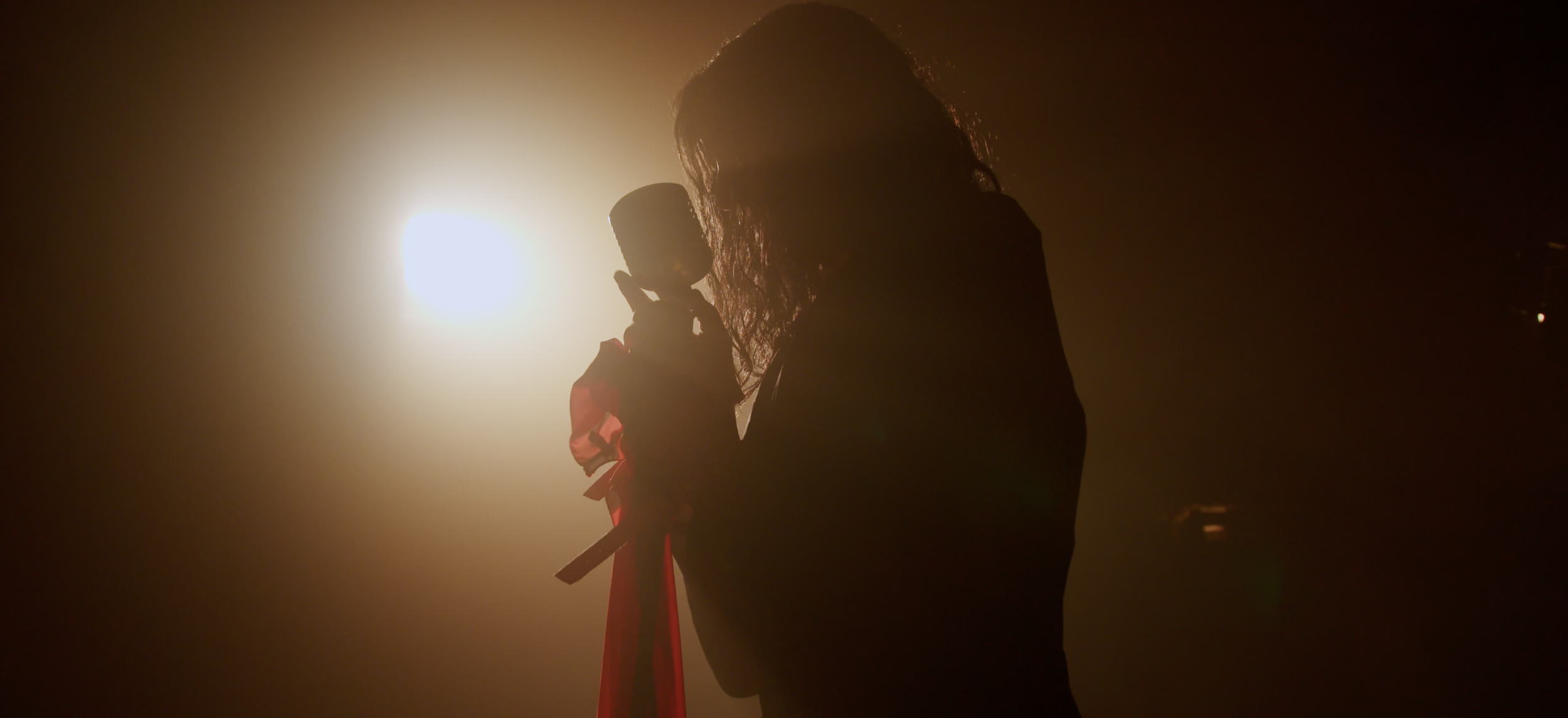 Silhouette of a person holding a microphone with a bright light behind, creating a backlit effect.
