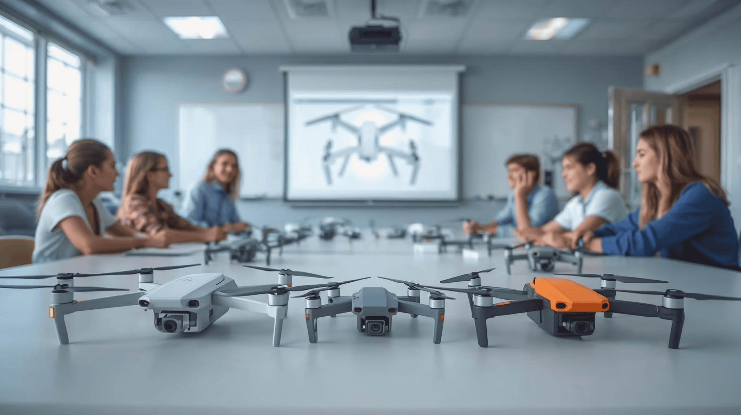 A classroom with six women sitting around a table with various drones on it, and a presentation about drones projected on a screen at the front.