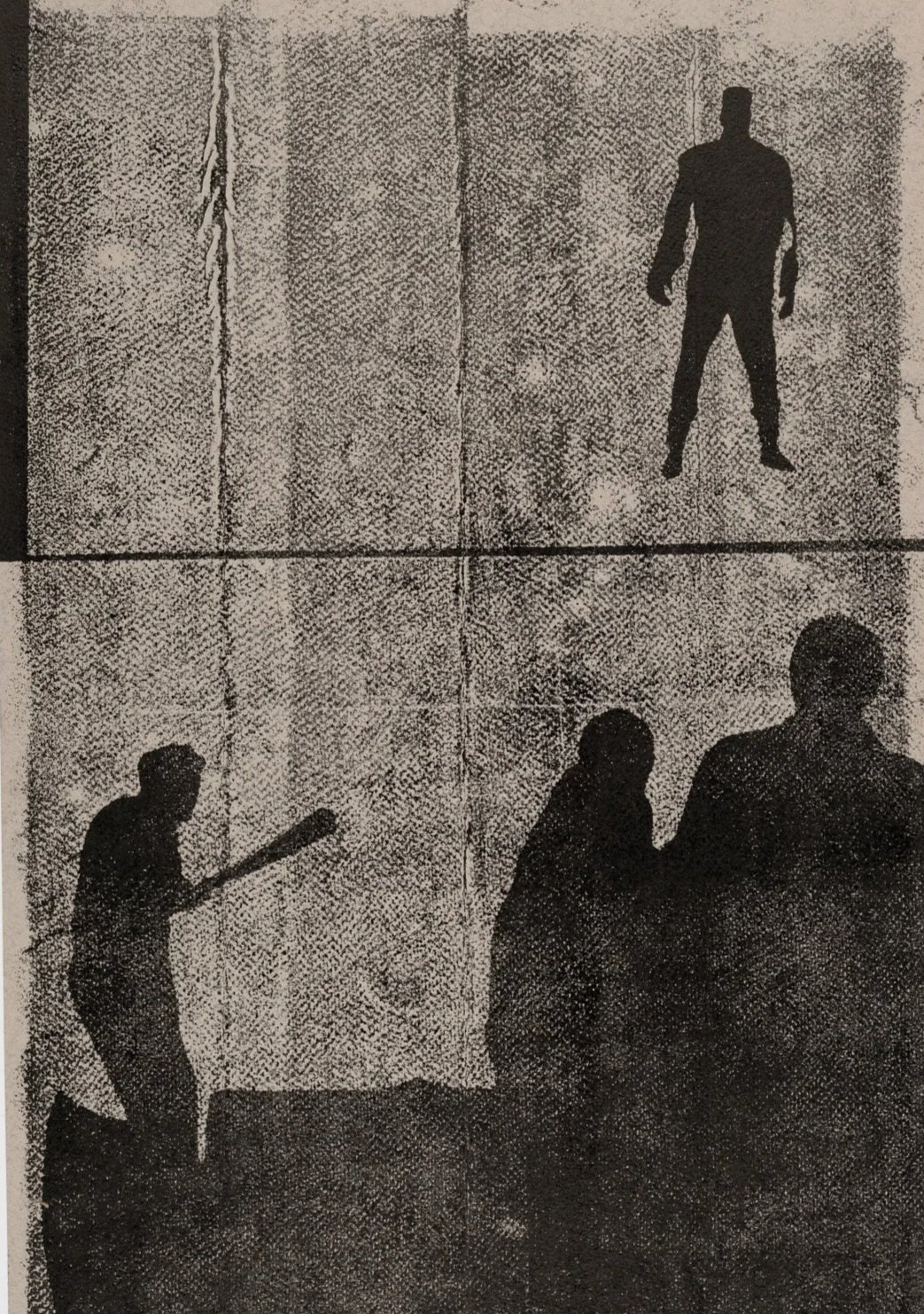Monoprint Silhouettes of four people,  shown against a textured background divided into four sections.